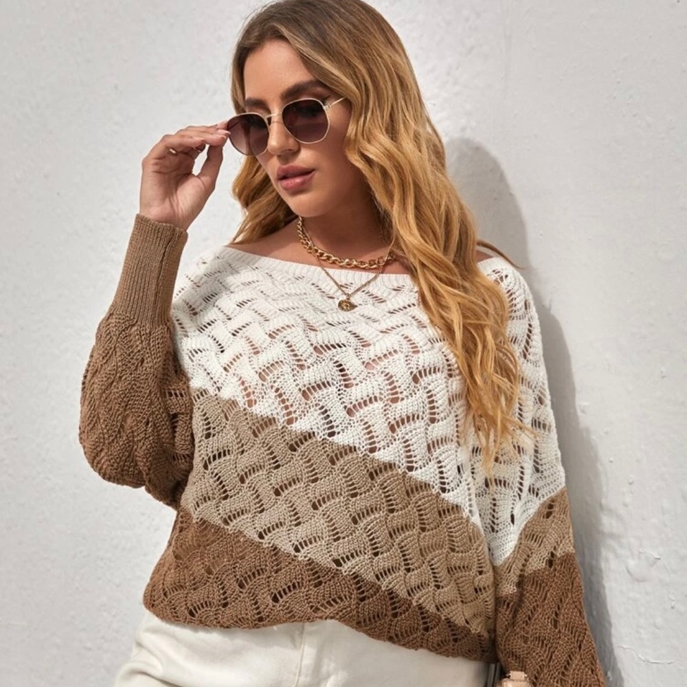 Boat Neck Knit Color Block Sweater